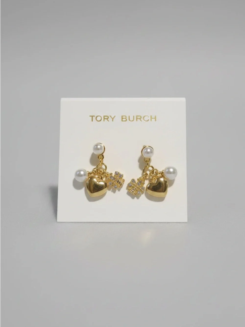 Tory Burch Gold Heart, Pearl & Crystal Charm Drop Earrings
